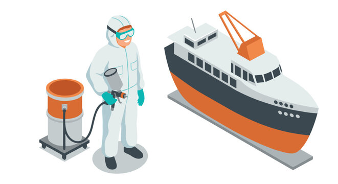 Worker in safety gear painting large boat with professional equipment in isometric style