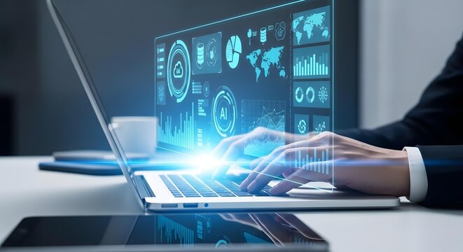 Person using laptop with futuristic interface and data analysis on screen