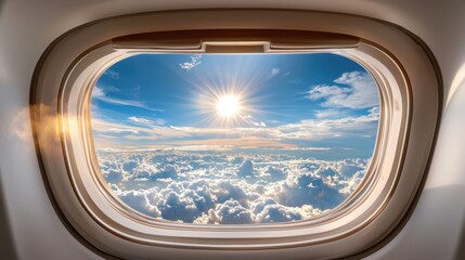 Bright Sky View from Airplane Window with Sun and Fluffy Clouds