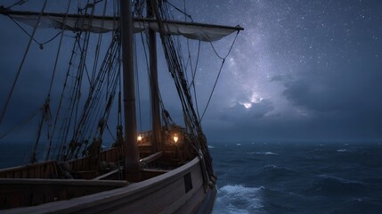 A dramatic night scene of an old wooden sailing ship moving through choppy seas under a starry cloudy sky with distant lightning