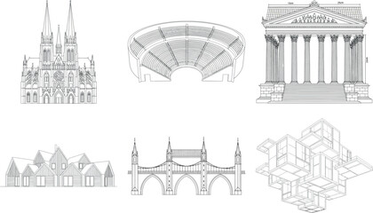 Set of architectural renderings depicting various buildings and structures