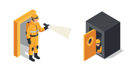 Rescue team concept with isometric emergency workers searching for survivors