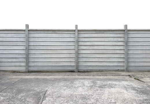 Modern prefab concrete fence Constructed from prefabricated concrete panels stacked together isolated on white background