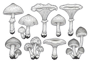 Hand drawn various mushrooms, vintage botanical ink line art set