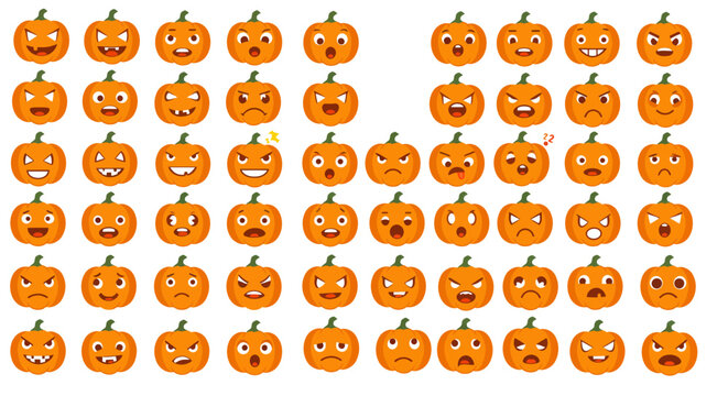 Collection of Halloween pumpkin emoticons with various facial expressions and emotions