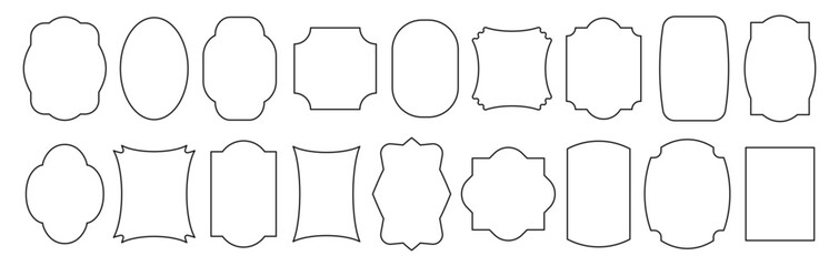 Decorative frames, linear borders, badge shapes. Ornamental black frames for labels, tags, stickers or invitation cards, certificate templates, packaging. Isolated vector illustration