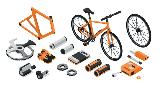 Isometric bicycle assembly with tools and parts in orange and black
