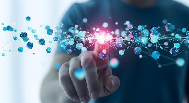 Man touching glowing digital network connection with his finger in the air - Powered by Adobe