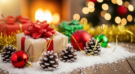 Christmas presents and ornaments on a wooden table with a fireplace in the background.