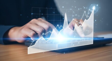 Person analyzing financial growth chart with digital overlay on a tablet device
