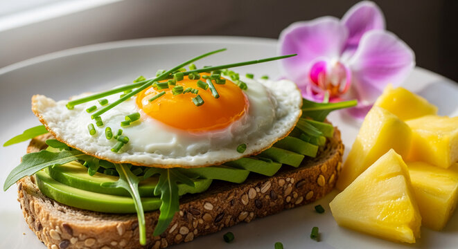 Close-up of avocado toast with a sunny-side up egg and chives, next to pineapple chunks and a flower, representing healthy eating and balanced diet