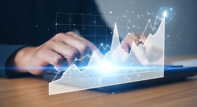 Person analyzing financial growth chart with digital overlay on a tablet device