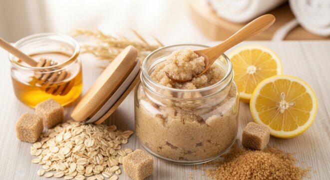 A jar of brown sugar scrub with a wooden spoon inside, surrounded by lemon slices and oatmeal, on a wooden table with a white background.