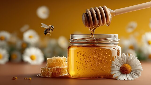 Pot de miel dor&eacute; avec cuill&egrave;re en bois et abeille en vol naturel