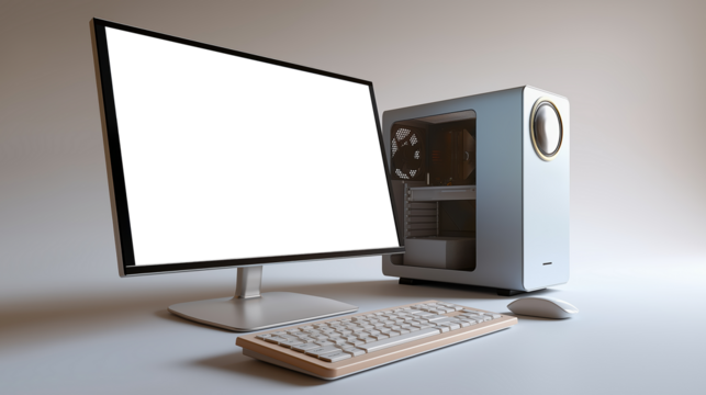 Poste de travail moderne avec ordinateur, écran et clavier sur bureau