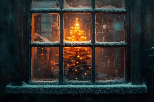 Generative ai image of glowing christmas tree seen through frosty winter window creating cozy festive holiday mood