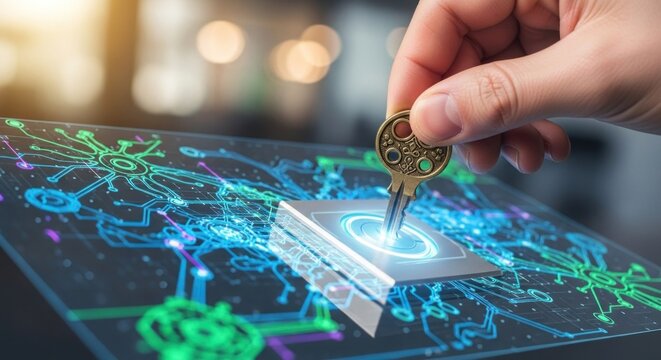 A hand holding a key over a digital interface with colorful circuit patterns.