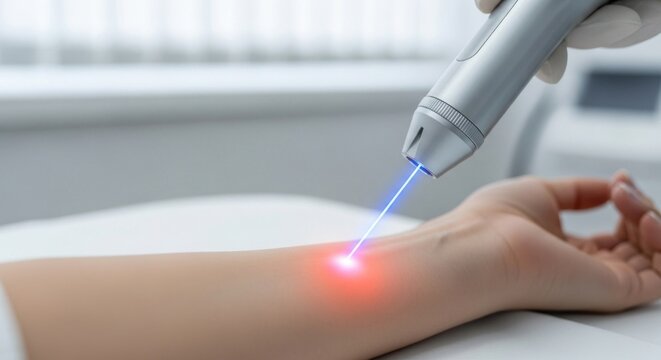 A hand holding a laser pointer over a person's wrist.