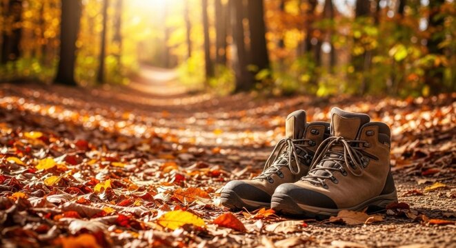 A pair of hiking boots on a forest trail with autumn leaves. - Powered by Adobe