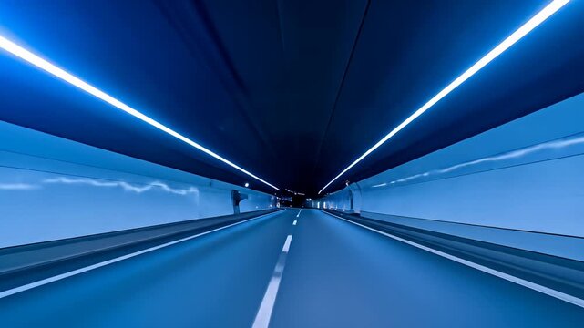 Blue-lit tunnel with white lines dividing roadway, perspective view, dark ceiling
