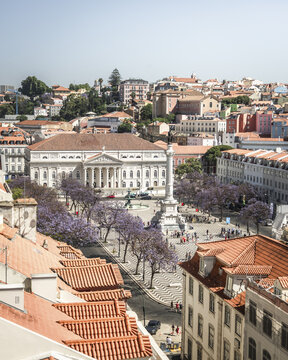 View of the Dom Pedro IV Column standing tall amidst the bustling Rossio Square, framed by the red-tiled rooftops and the elegant architecture, Lisbon, Lisbon, Portugal.