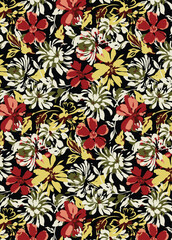 Abstract solid vector textile design, arrangement with many kinds of colorful flowers, full all-over seamless pattern with red and yellow tone color illustration, digital image printing factory