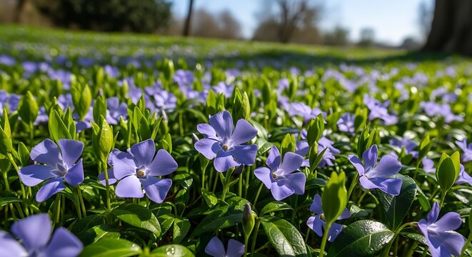 Carpet of Periwinkle Flowers in Spring Sunlight.