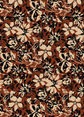 Abstract solid vector textile design, arrangement with medium hibiscus and chrysanthemum flowers, all-over seamless pattern with brown and black tone color illustration, digital image printing factory