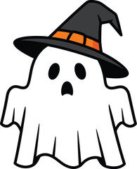 Cute halloween ghost wearing a witch hat isolated on white background