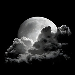 A monochrome image of a large moon partially obscured by dark clouds against a black background