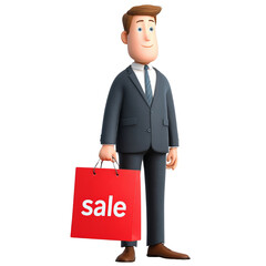 Man in Suit Holding Red Sale Bag isolated on a transparent background