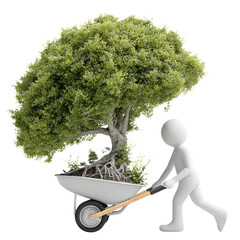 White figure pushing wheelbarrow with tree isolated on a transparent background 1