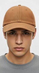 Portrait of a Man Wearing a Brown Baseball Cap with a Serious Expression.