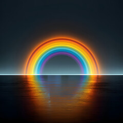 Naklejka premium A vibrant rainbow arching over a dark water surface with its colorful reflection visible below it