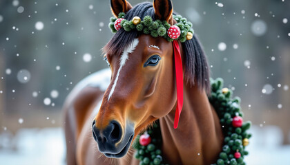 Festively decorated horse in snowy forest with wreath and saddle, serene winter celebration