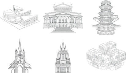 Set of architectural renderings depicting different building styles and cultural influences