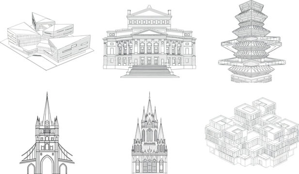 Set of architectural renderings depicting different building styles and cultural influences