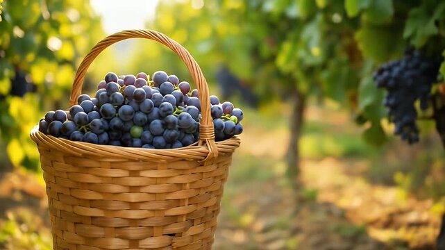 Wicker basket overflowing with ripe grapes sits within a sunny vineyard row