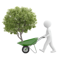 White figure pushing green wheelbarrow with tree isolated on a transparent background