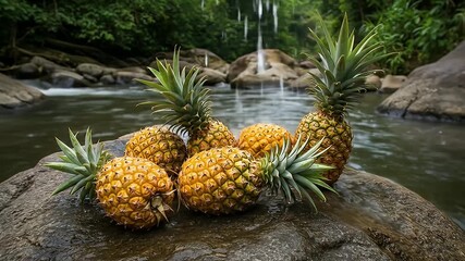 A group of pineapples resting on a rock by a river and lush greenery backdrop - Powered by Adobe