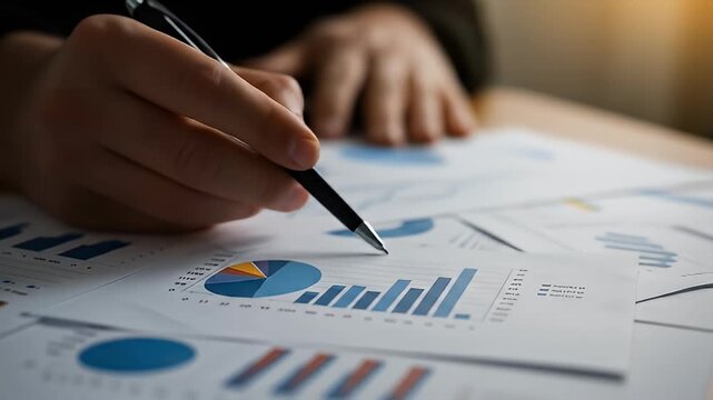Graphs, charts, and business papers with bar graphs scattered on a wooden desk