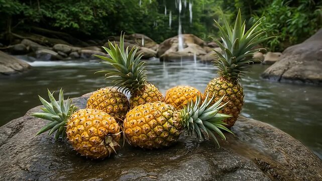 A group of pineapples resting on a rock by a river and lush greenery backdrop