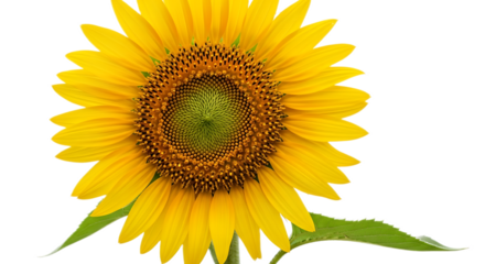 A close up shot of a bright yellow sunflower with green center and leaves on a black background