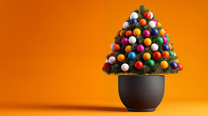 Christmas tree with colorful eggs in pot on orange background. 3d illustration