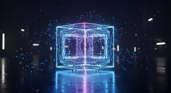 Abstract glowing cube with digital connections and futuristic technology concept