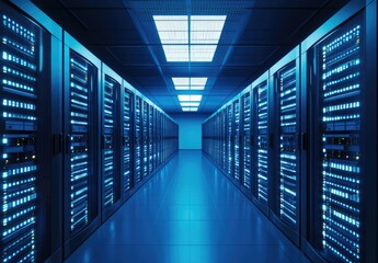 Futuristic blue data center with glowing server racks in a long corridor, ideal for IT infrastructure, cloud technology, cybersecurity, networking, and enterprise system visuals