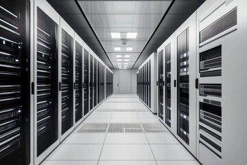 Fototapeta premium Modern gray server room interior with rows of black racks and bright ceiling lights, ideal for IT infrastructure, cloud computing, cybersecurity, and enterprise technology visuals