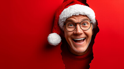 Happy young man in Santa Claus hat on a red background. Christmas concept.