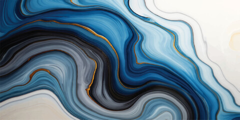 Blue abstract background texture with flowing liquid waves and light silver swirl design