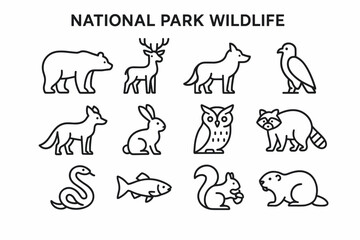 Fototapeta premium National Park Wildlife Icons. National park wildlife. Line outline icon set of national park wildlife: bear,
